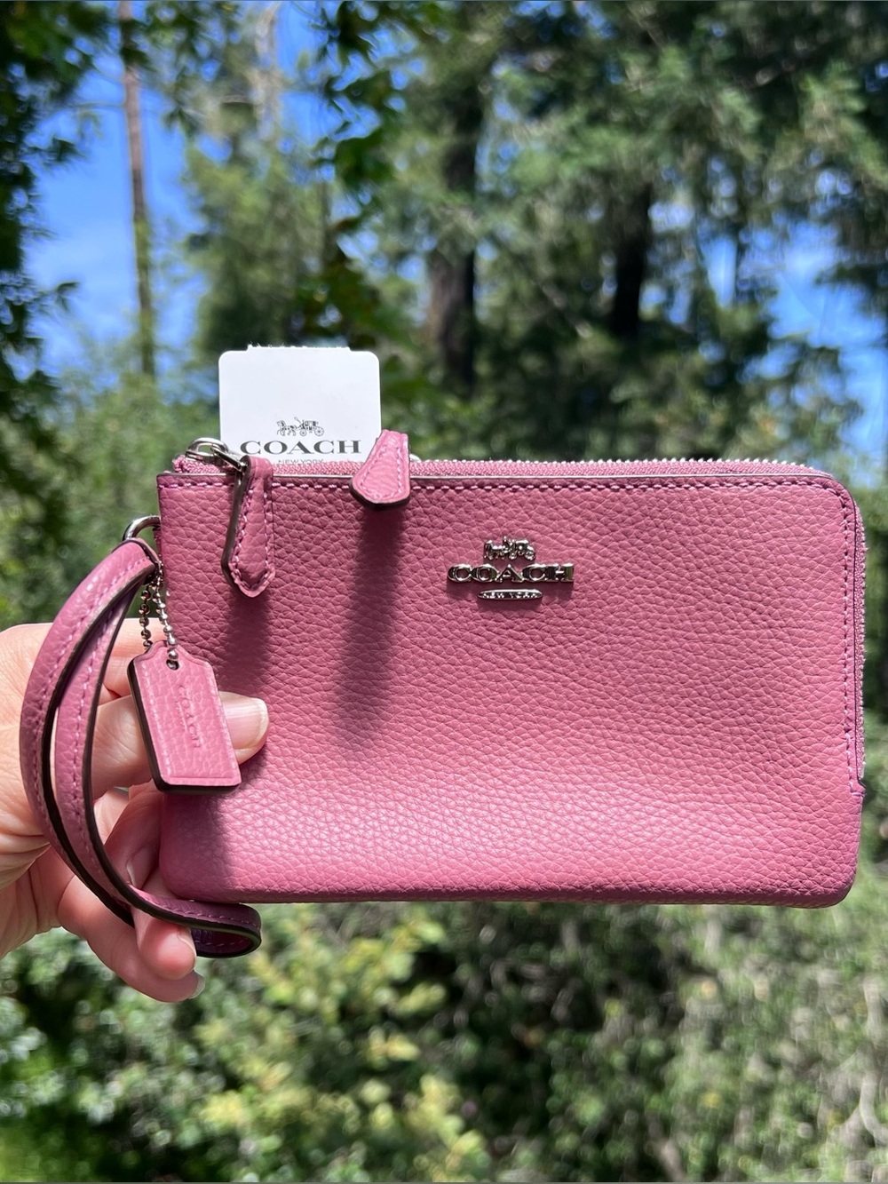 COACH Pink Pebbled Leather Wristlet Wallet Double Zip Gunmetal Hardware